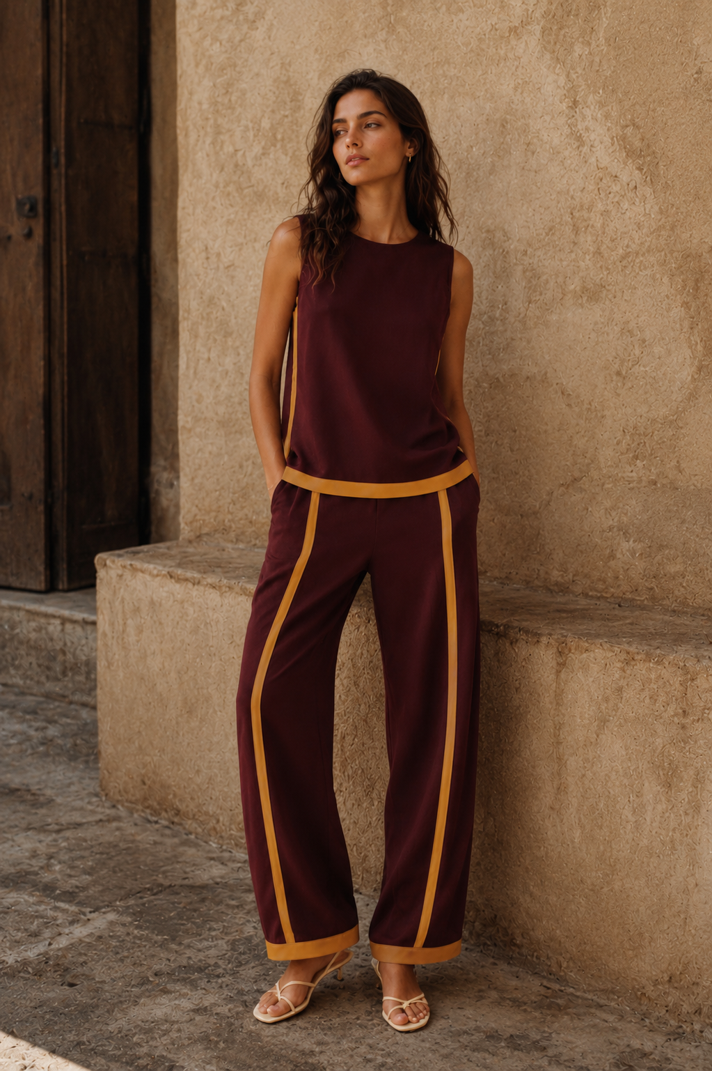 LEILA RG | Conjunto bitono de chaleco y pantalón en algodón y lino