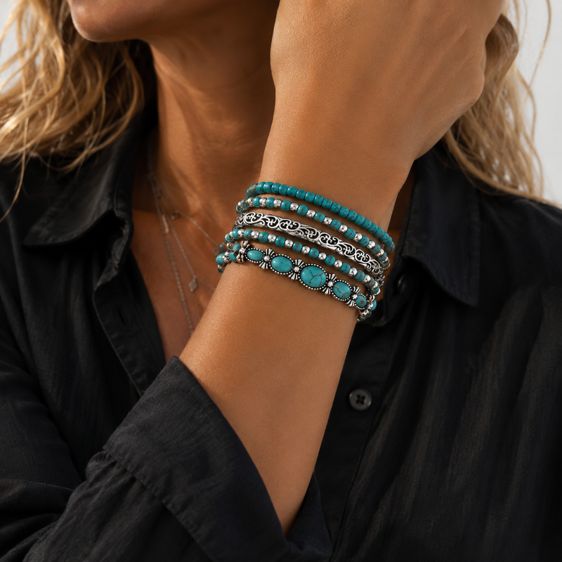 RosaGU- Conjunto de cinco pulseras turquesa con estilo bohemio